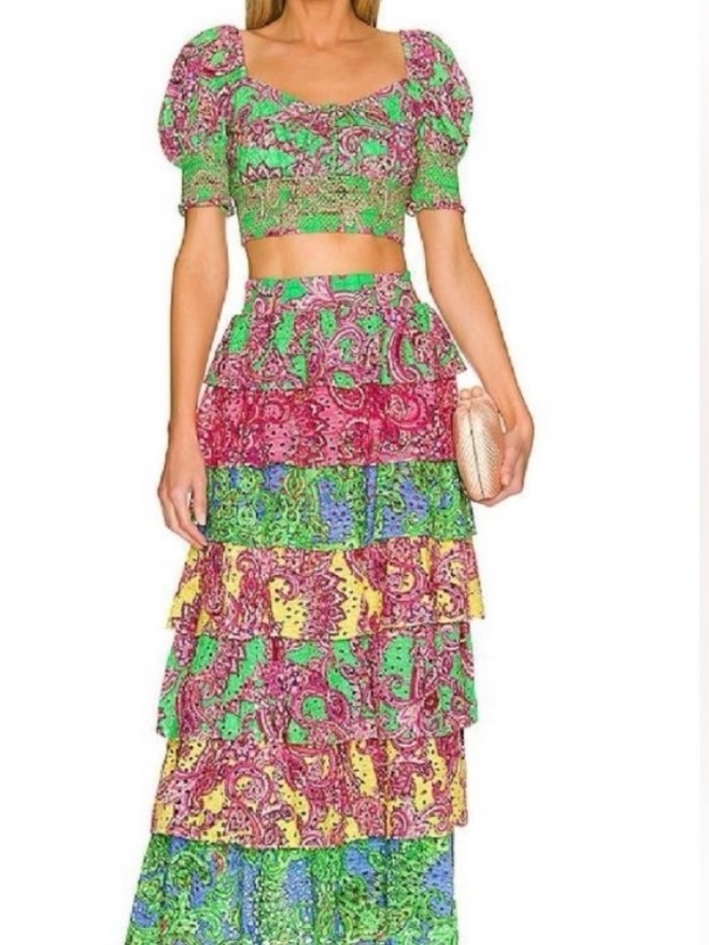Alice + Olivia Crawford lace up smocked top and Jia ruffled tiered skirt (set)